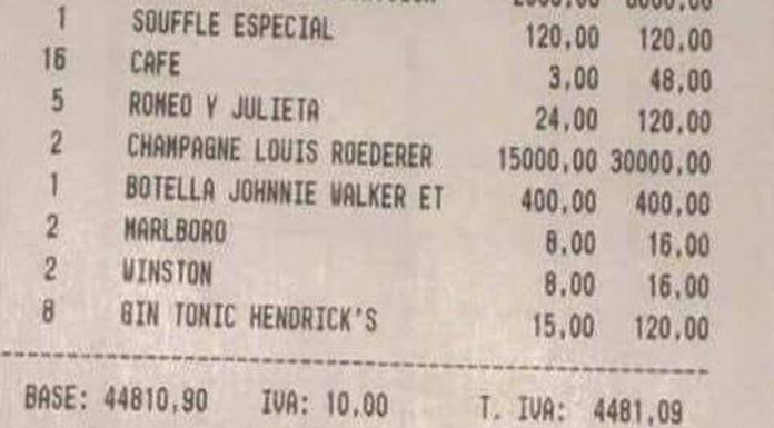 Una cena de 8 personas que sale por casi 50.000 euros Factura cena