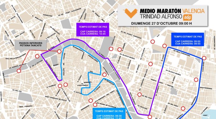 Talls de trànsit i recorregut de la Mitja Marató de València medio