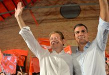Ximo Puig y Pedro Sánchez en un mitin celebrado en Valencia.