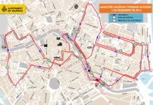 Plano de los cortes de trádico de la Maratón de Valencia 2019.
