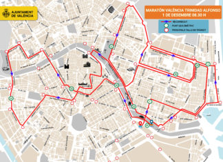 Plano de los cortes de trádico de la Maratón de Valencia 2019.