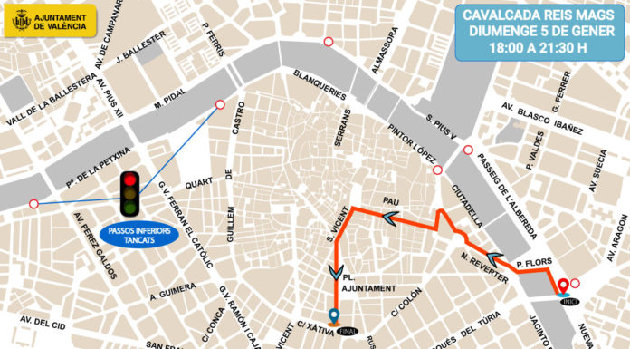 Cavalcada de Reis 2020: horari, recorregut i talls de trànsit a València Plano recorrido y cortes de tráfico de la Cabalgata de Reyes de Valencia