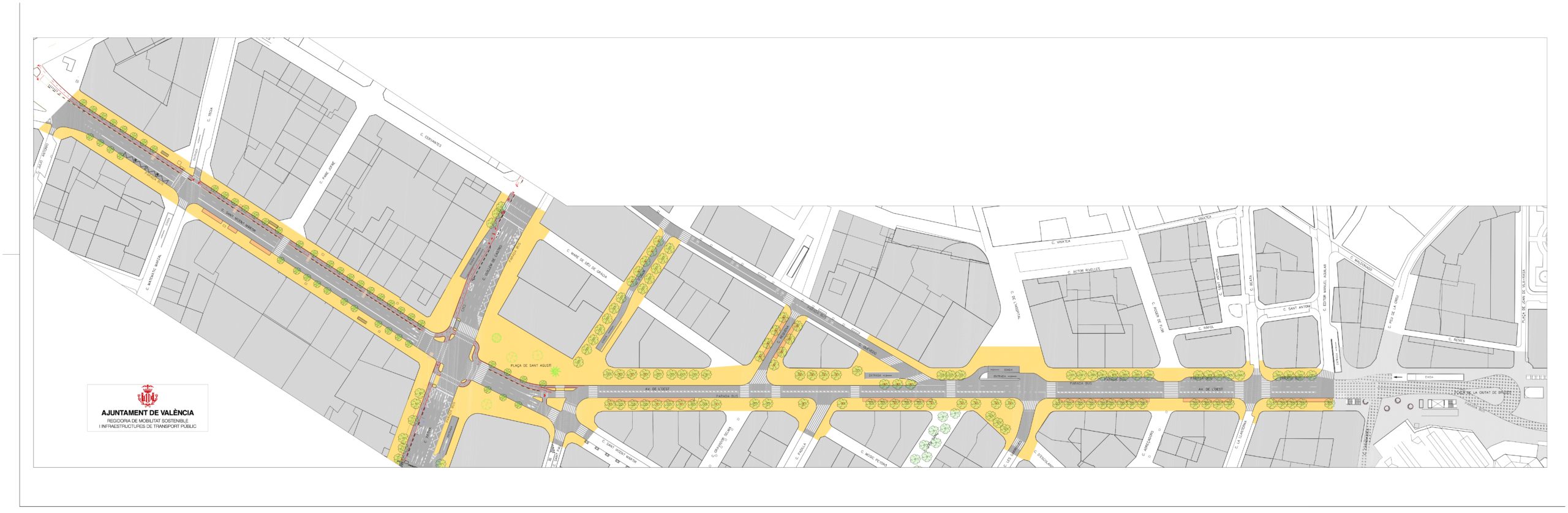 El concejal de Movilidad Sostenible, Giuseppe Grezzi, ha anunciado la esta mañana la elaboración de un plan específico que recoja y unifique los criterios de actuación en Ciutat Vella. El edil ha presentado la planta viaria proyectada para el eje urbano avenida de l’Oest-Sant Agustí- Plaça d’Espanya, que permitirá ampliar en más de 4.000 metros cuadrados los espacios para uso peatonal. Tanto el proyecto para el eje de la avenida del Oeste como las actuaciones precedentes que se han desarrollado e impulsado desde el pasado mandato (la entrada en vigor del límite de velocidad 30Km/h, la apertura de la plaza del Ayuntamiento a la ciudadanía cada último domingo de mes, la actuación en la calle Serranos y su entorno, el proyecto de peatonalización de la plaza del Ayuntamiento, o la transformación del entorno de La Lonja…), «todo son actuaciones integrales de un mismo proyecto transformación urbana», ha asegurado el concejal, «un programa específico que se basa en la humanización de las plazas y en la recuperación del espacio peatonal». Tal como ha asegurado Grezzi, «en el mandato 2015-2019 ya conseguimos recuperar más de 33.000 metros cuadrados para uso ciudadano, pero podemos asegurar que este nuevo mandato va a ser el de la movilidad peatonal, el mandato de las personas que caminan, para que sea cada vez más seguro, más accesible y más amable, y consigamos una ciudad más humana y más eficiente». «Para ello, desde el Ayuntamiento se elaborará un plan del centro de València (todavía sin nombre específico) que desarrolle todas las líneas estratégicas y las actuaciones de humanización del centro de la ciudad y de las plazas y la recuperación del espacio peatonal», ha explicado el edil. Giuseppe Grezzi ha estado acompañado en el encuentro con periodistas por la jefa del Servicio de Movilidad Sostenible, Ruth López, quien ha sido la encargada de detallar todas las características de la actuación en la avenida del Oeste. Se trata de un proyecto transversal que enlaza con las actuaciones previstas en la plaza de Brujas, y que ya ha sido trasladado al Servicio Municipal de Obras de Infraestructuras. La actuación pasa por recuperar espacios para uso peatonal y ciudadano. Para ello, se prevé ensanchar las aceras de la avenida del Oeste, donde habrá, desde la calle Quevedo, un carril por sentido, y tres hasta Editor Manuel Aguilar. Además, se habilitarán 450 m2 de banda multifuncional (carga y descarga, aparcabicis, movilidad reducida…); y se instalarán 20 nuevos ejemplares arbóreos en los espacios actualmente vacíos. La calle Huesca quedará prácticamente peatonalizada (con un carril para salida de un aparcamiento). Y la calle Requena dispondrá también de zonas multifuncionales. La plaza de San Agustín recupera el espacio para las personas a pie a ambos lados, pero especialmente en el de la iglesia. Además, se ha previsto un carril bici bidireccional, que enlazará con el Anillo Ciclista. Por su parte, en la calle Xàtiva se ampliarán las esquinas de las aceras, especialmente en el enlace con San Vicente, y se urbanizará el espacio que ya estaba previsto para uso peatonal cuando se ejecutó el Anillo Ciclista, lo mismo que en la zona norte de la calle San Vicente, donde también estaba ya reservado un espacio, todavía no reurbanizado. Al sur de esta calle se duplicará el ancho de la acera (actualmente llena de obstáculos y con enormes dificultades para el tránsito peatonal). La calzada se mantiene con un carril-bus más dos carriles para la circulación general, y también se prevé habilitar las zonas multifuncionales. En el extremo del eje, la calle conectará con la infraestructura ciclista prevista en la Plaza de España. UN EJE CIUDADANO Y UN EJE COMERCIAL Tal como ha asegurado Giuseppe Grezzi, «toda la actuación va enfocada a la recuperación del espacio público: hay un incremento del 48 % de zona peatonal, una mejora de la accesibilidad, y se pone en valor el entorno». Además, ha recordado el concejal, «se trata de un eje ciudadano, pero también de un importante eje comercial, al que se pretende dar impulso y promocionar también desde instancias como la Cámara de Comercio y la Asociación de Comerciantes del Centro; y nosotros queremos que esté en las mejores condiciones posibles para potenciar la actividad y el dinamismo comercial», ha asegurado el delegado, quien ha añadido que «para ello, es importante promover la movilidad peatonal y la mejora de todo el entorno». Actualmente, un 36% del espacio total de este eje urbano es de carácter peatonal (aceras y zonas para viandantes); pero, con la actuación presentada, el porcentaje subirá hasta el 53%, lo que supone un incremento porcentual del 48%. En términos de superficie, se pasa de los 9.097 metros cuadrados actuales de espacios para peatones, a un total de 13.459 metros cuadrados.