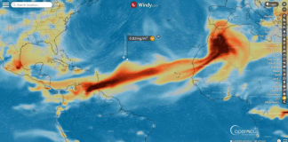 Imagen de satélite del avance de la nube de azufre del volcán Soufrière. / Copernicus EU