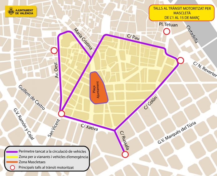 La mascletà cierra al tráfico el centro de Valencia: horarios, desvíos y calles cortadas