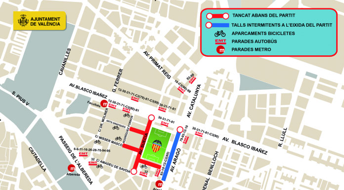 Calles cortadas y horarios especiales de metro por el partido del Valencia CF Calles cortadas y horarios especiales de metro por el partido del Valencia CF