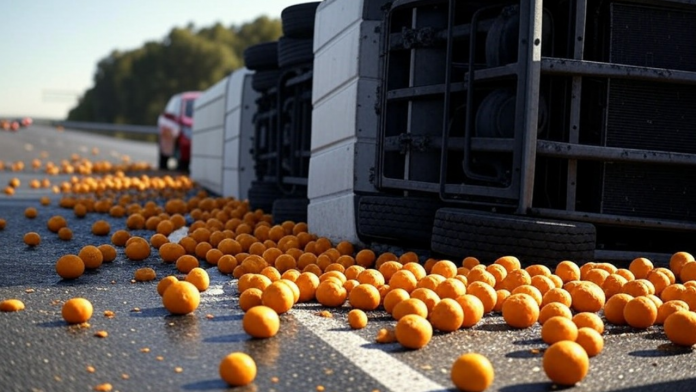 Vuelca un camión cargado de naranjas y corta el tráfico en la Pista de Silla