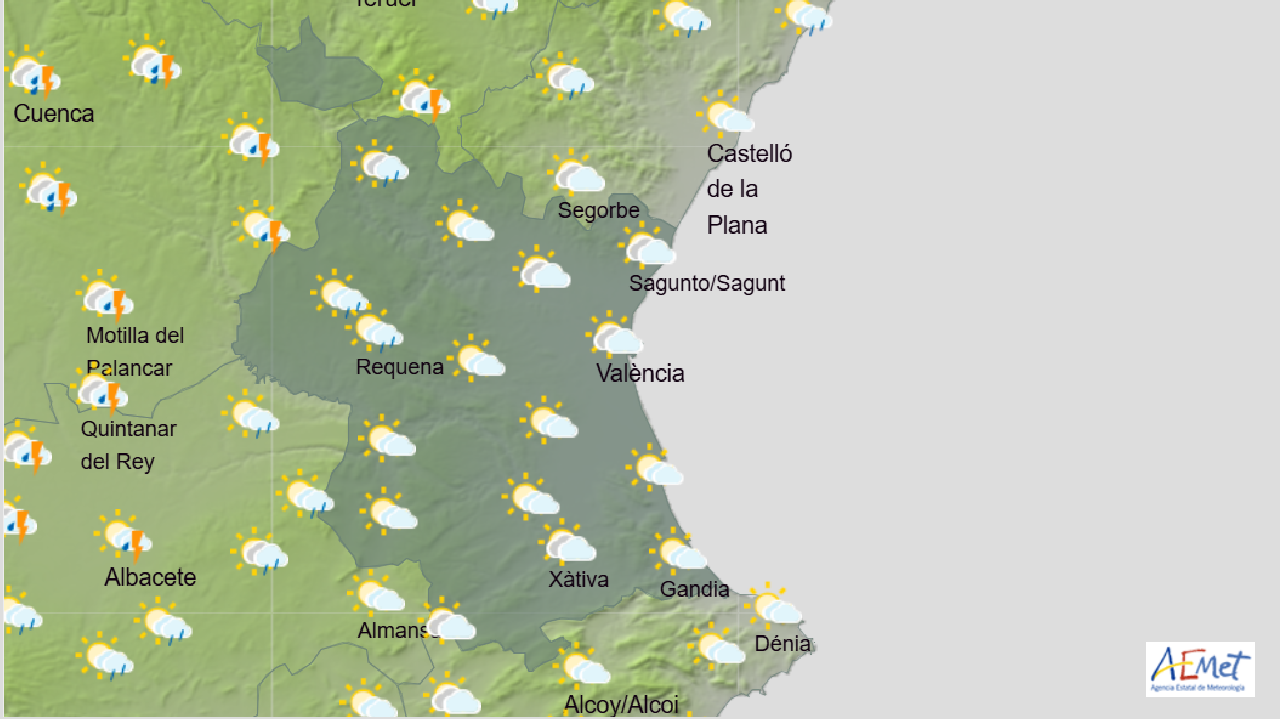 La provincia de Valencia se salvará de las lluvias y tormentas que vendrán el día 5 con el frente frío. Imagen: AEMET