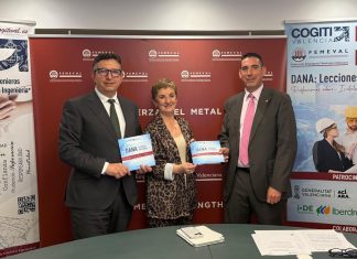 La consellera Marián Cano, el presidente de FEMEVAL, Vicente Lafuente, y el decano de COGITI Valencia, Tomás Játiva, en la presentación del plan "DANA: Lecciones aprendidas"