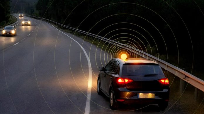 Recreación de la nueva baliza V16 que será obligatoria a partir de 2026 en el coche