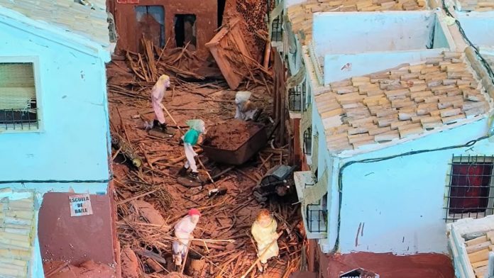 Maqueta de la DANA expuesta en la estación de Les Carolines