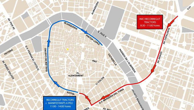 Corte de tráfico en Valencia por la tractorada de este lunes
