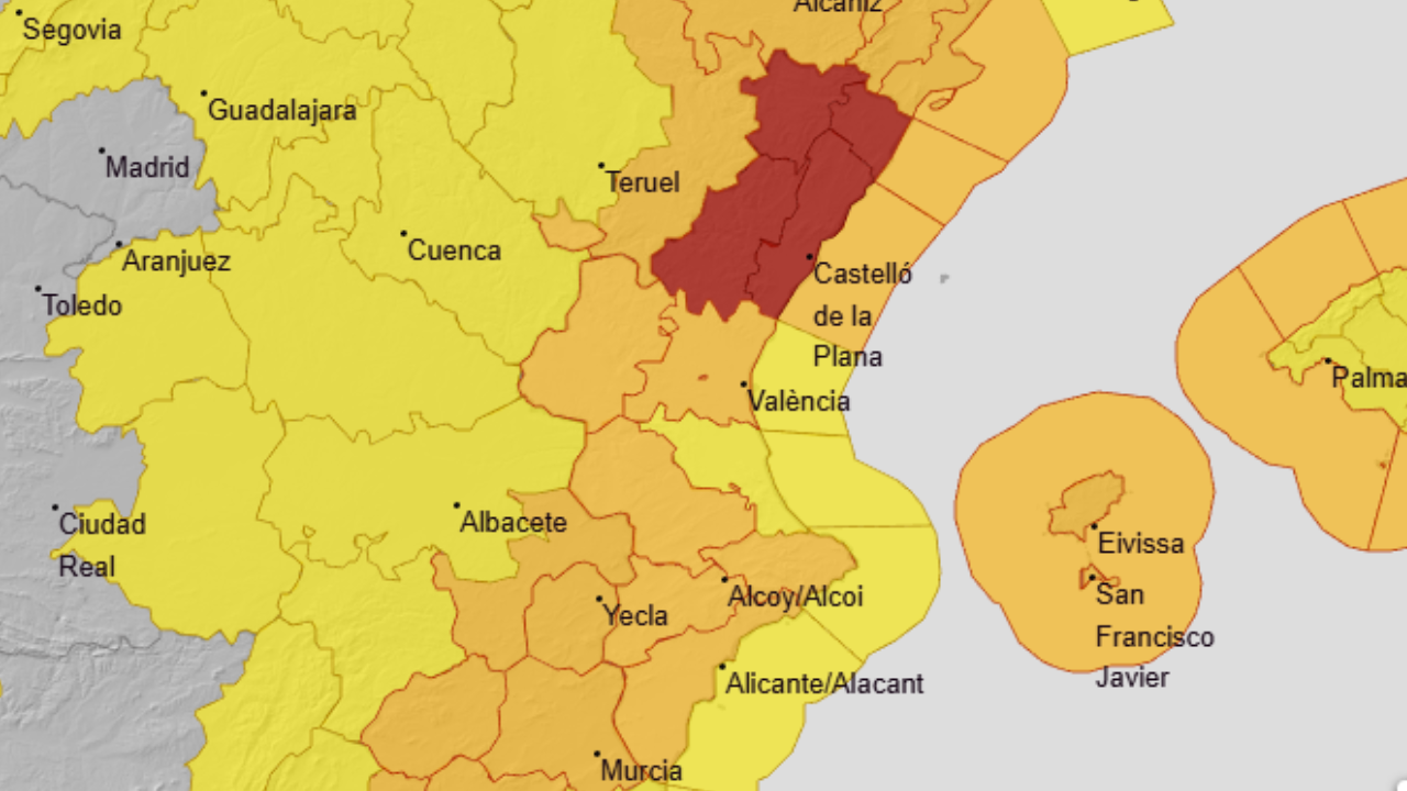 Mapa de alertas actualizado a las 14.00h de este viernes por AEMET