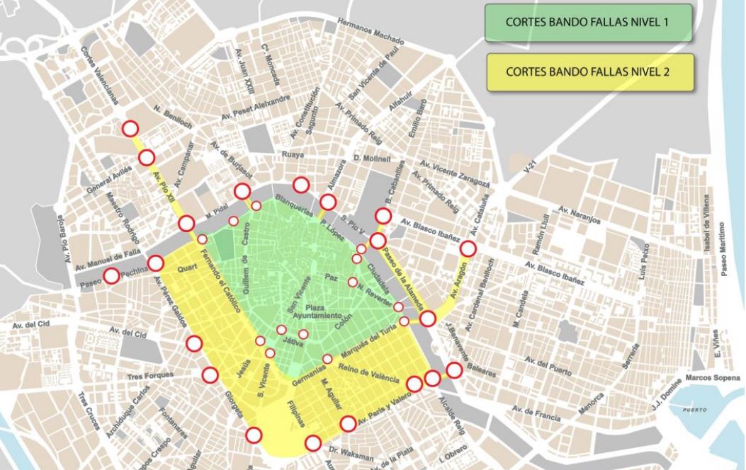Plano de cortes de tráfico en los niveles 1 y 2 de Fallas