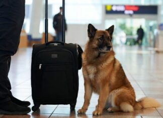 Un viajero con su mascota en un aeropuerto pasaporte