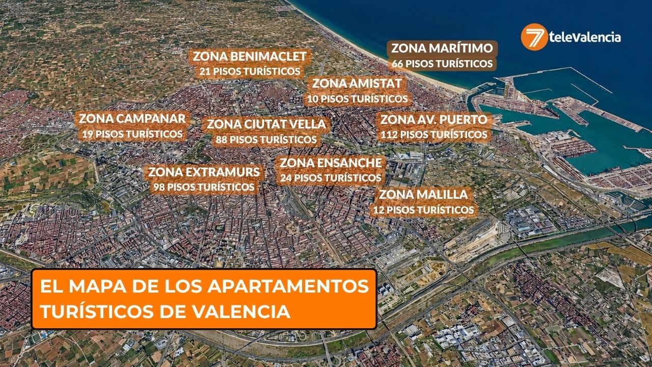 Mapa de las viviendas turísticas de Valencia registrados por Turisme Comunitat Valenciana