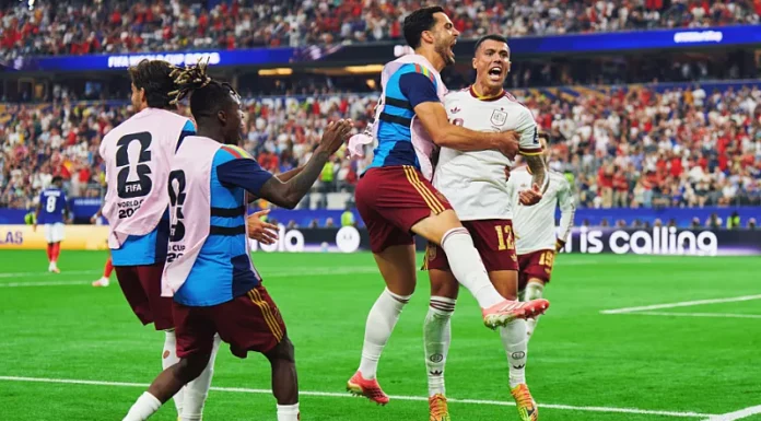 Celebración del gol de Pedro Porro en la semifinal del Mundial contra Francia. RFEF