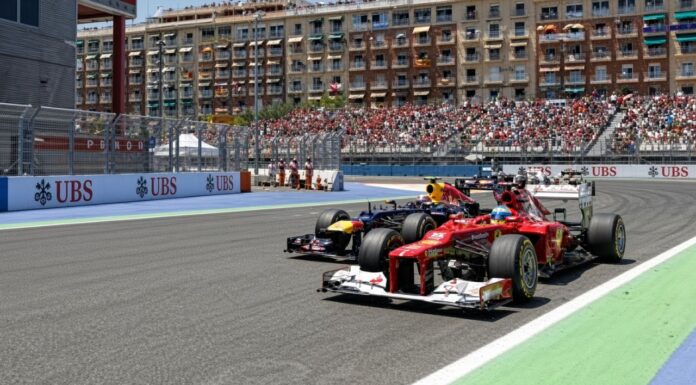 Fernando Alonso con su Ferrari en el circuito urbano de Valencia. EFE