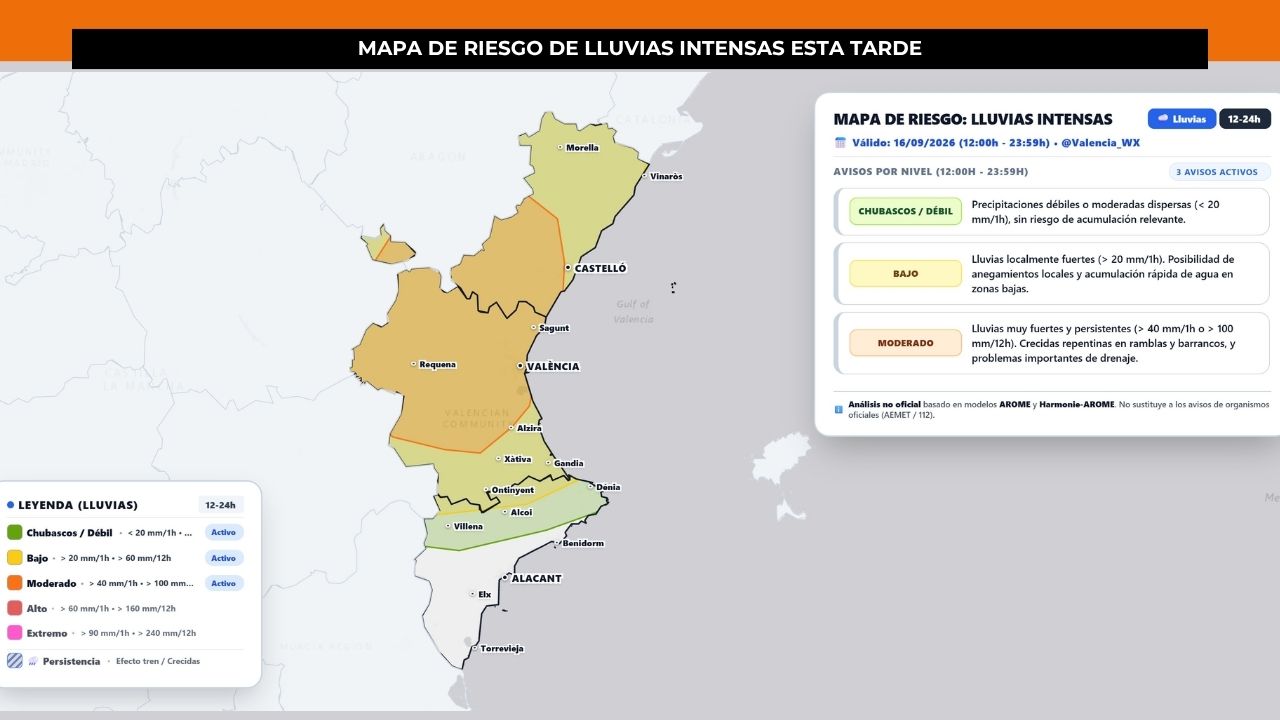 Mapa de probabilidad de lluvias intensas en Valencia. X: @Valencia_WX