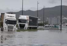 La Generalitat mantiene el confinamiento en ocho municipios de Valencia y Alicante por la dana Adam Varios camiones atrapados en una zona inundada en la N332, a las afueras de Gandía, este lunes. EFE/Manuel Bruque