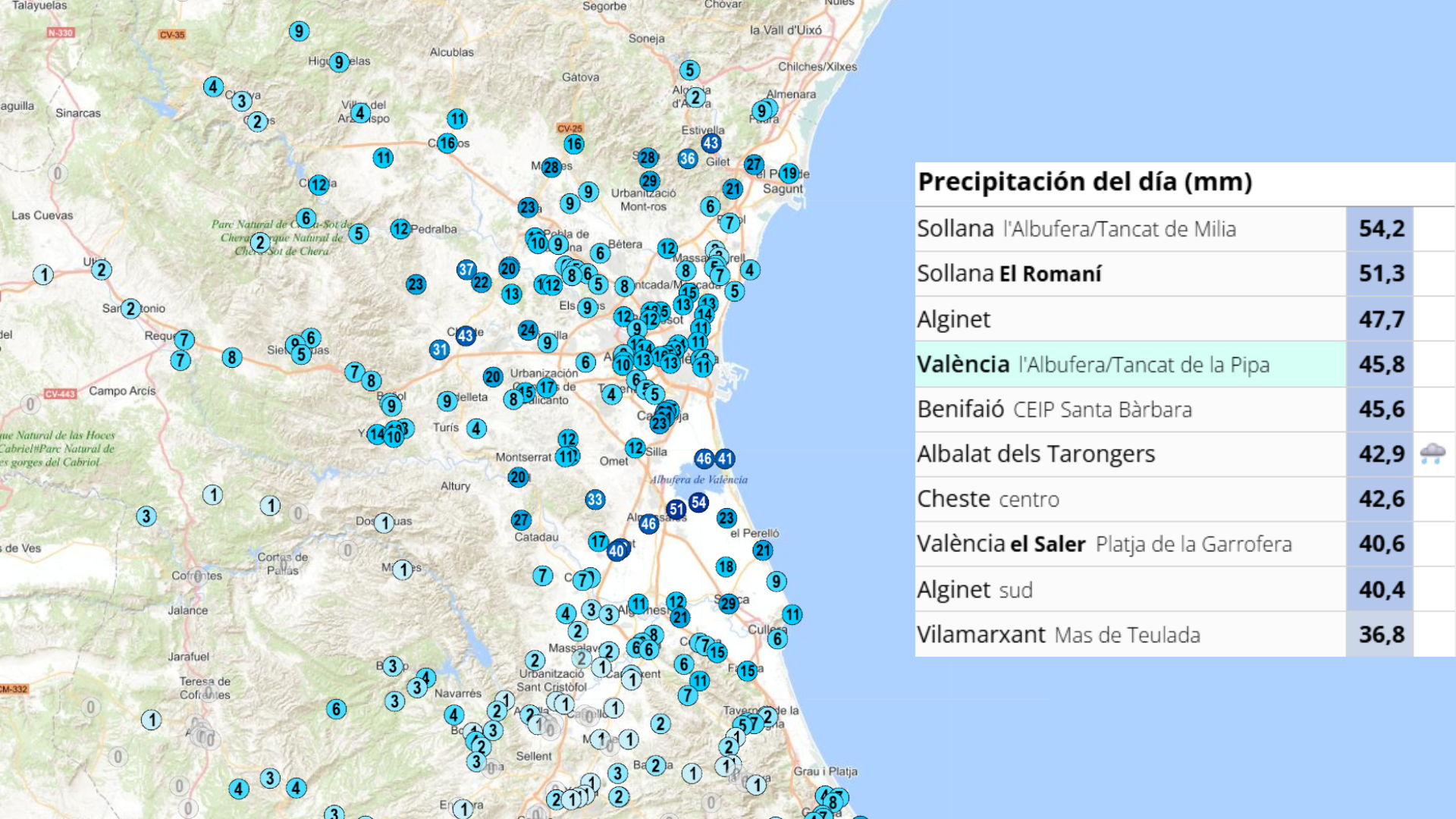 Lluvia acumulada a las 10:00 horas del 2 de octubre de 2026. AVAMET